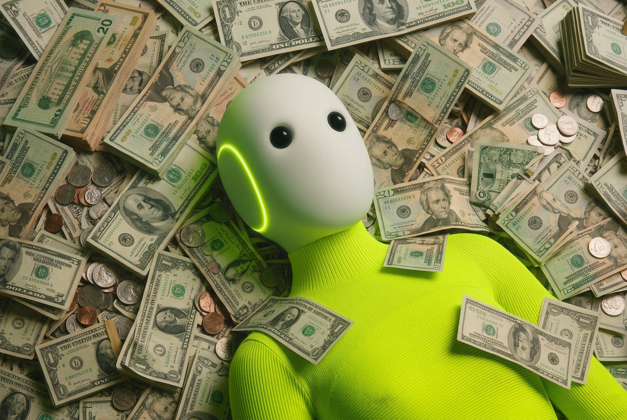 the hoodshell mascot lying in a pile of cash