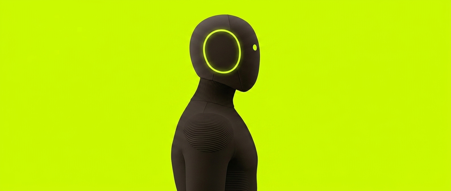 side profile of the hoodshell mascot with a glowing green ring on a neon background